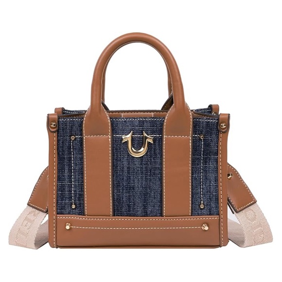 NWT Original TRUE RELIGION Dark Denim Horseshoe Mini Tote Crossbody Bag Studded - Picture 1 of 11